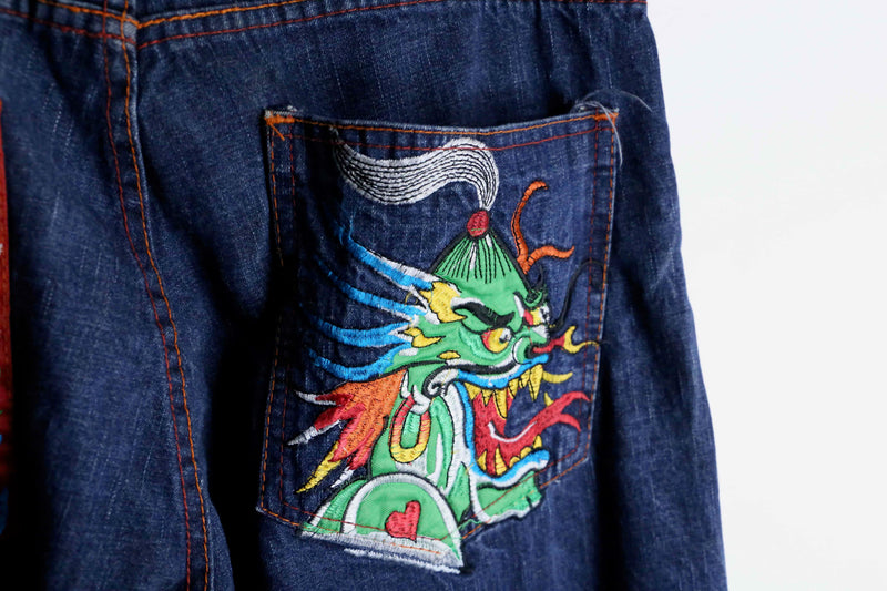 indigo blue embroidery design wide denim