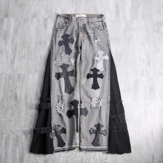 "Re:make" rosario leather patchwork denim pants