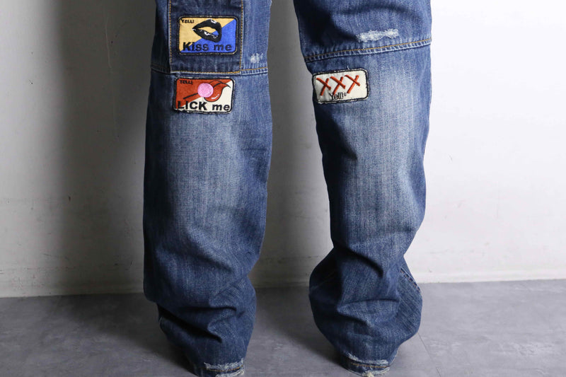crash&patch design wide tapered denim pants