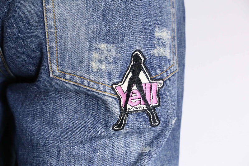 crash&patch design wide tapered denim pants