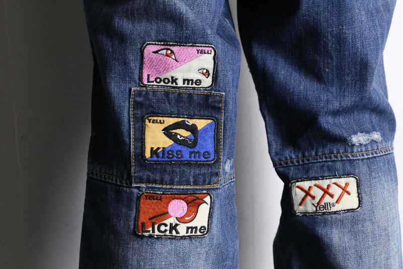 crash&patch design wide tapered denim pants