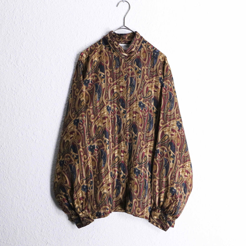wine red base paisley pattern shiny stripe band collar sheer shirt
