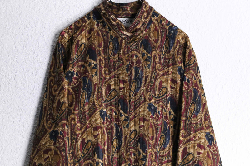 wine red base paisley pattern shiny stripe band collar sheer shirt