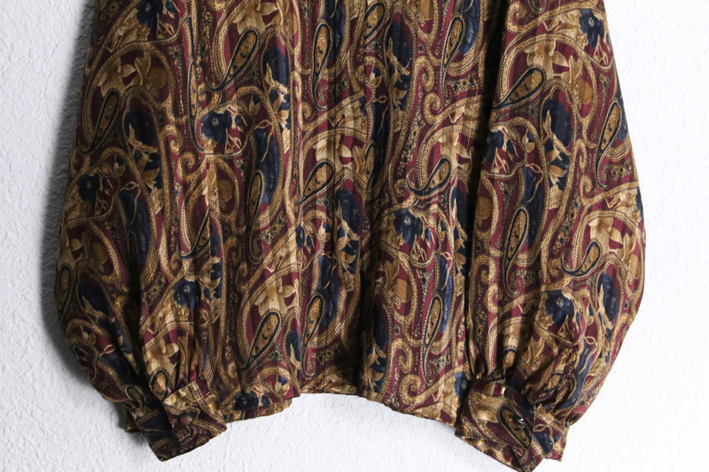 wine red base paisley pattern shiny stripe band collar sheer shirt