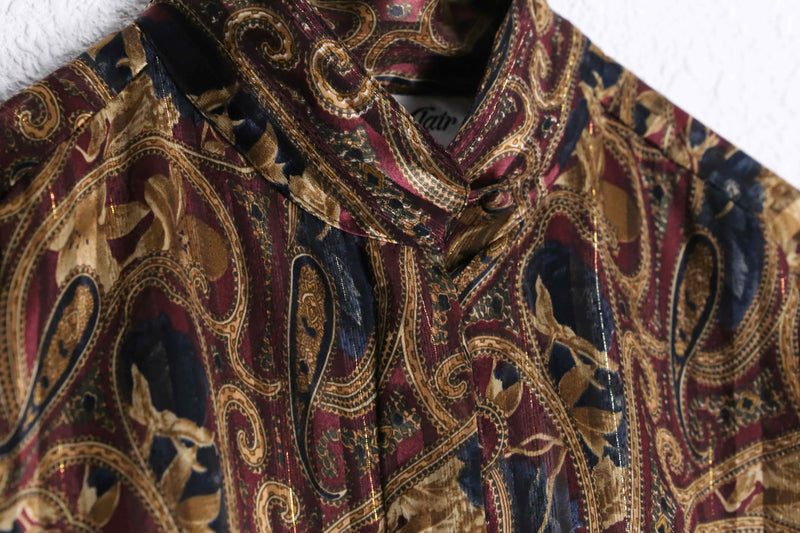 wine red base paisley pattern shiny stripe band collar sheer shirt