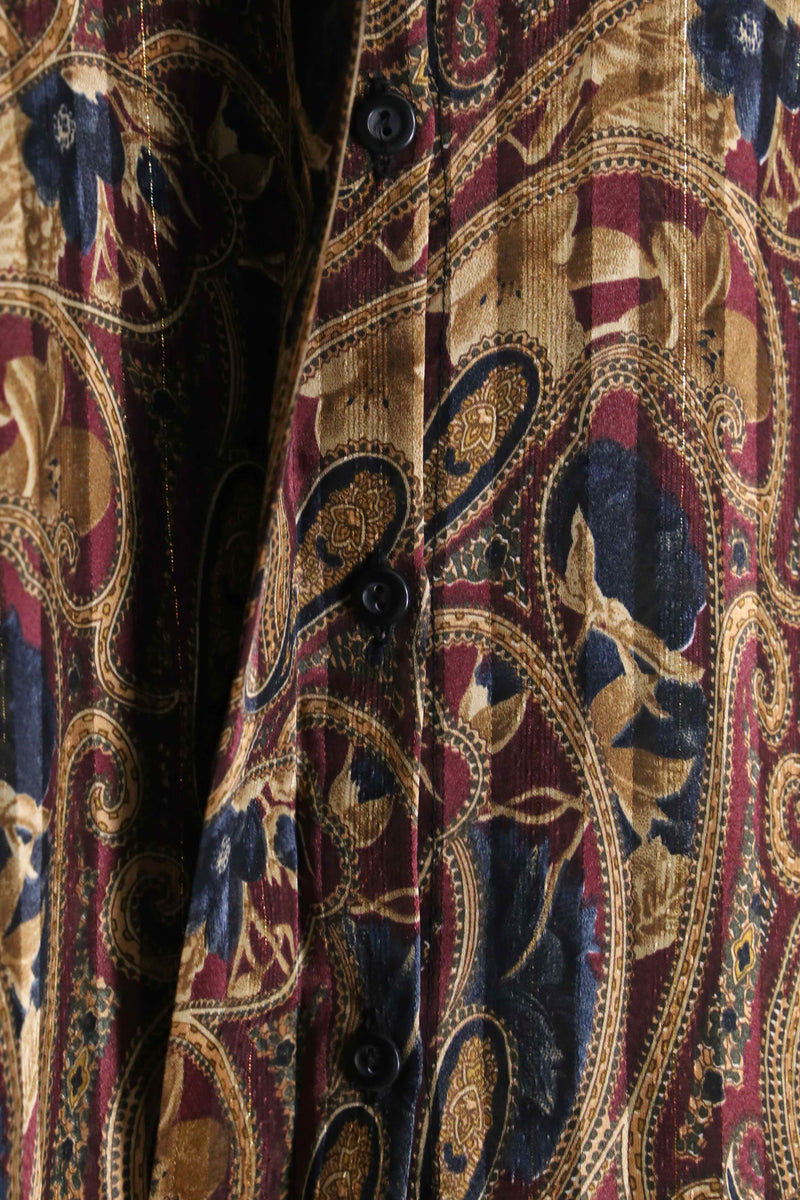 wine red base paisley pattern shiny stripe band collar sheer shirt