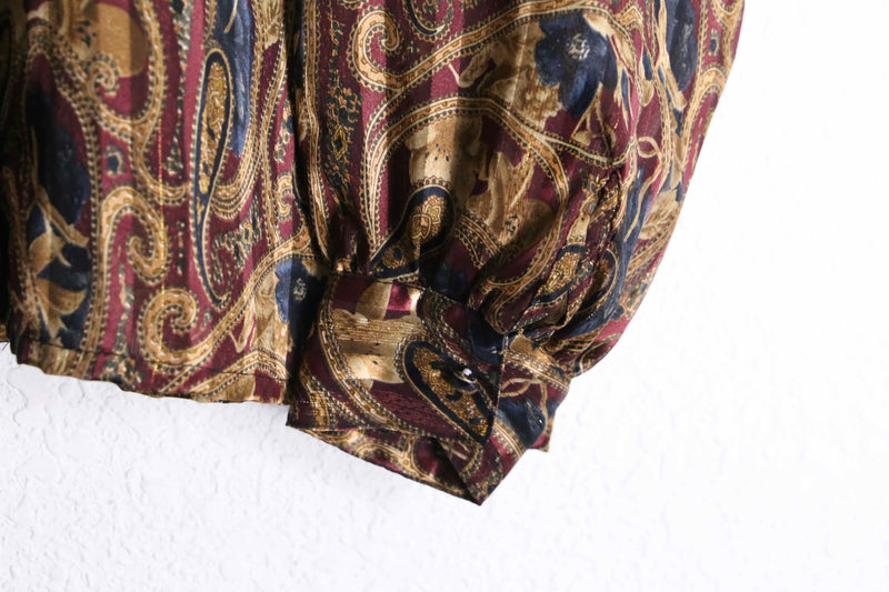 wine red base paisley pattern shiny stripe band collar sheer shirt