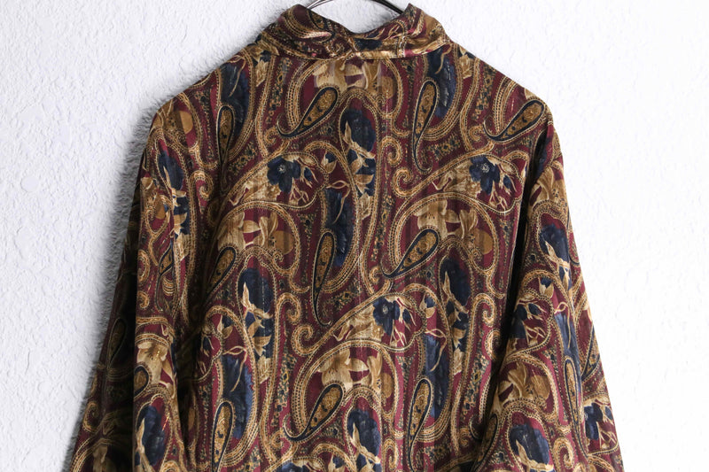 wine red base paisley pattern shiny stripe band collar sheer shirt