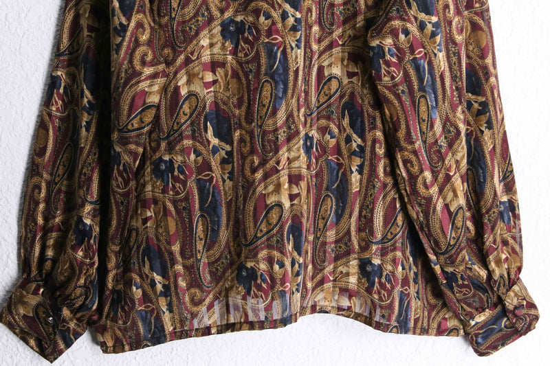 wine red base paisley pattern shiny stripe band collar sheer shirt