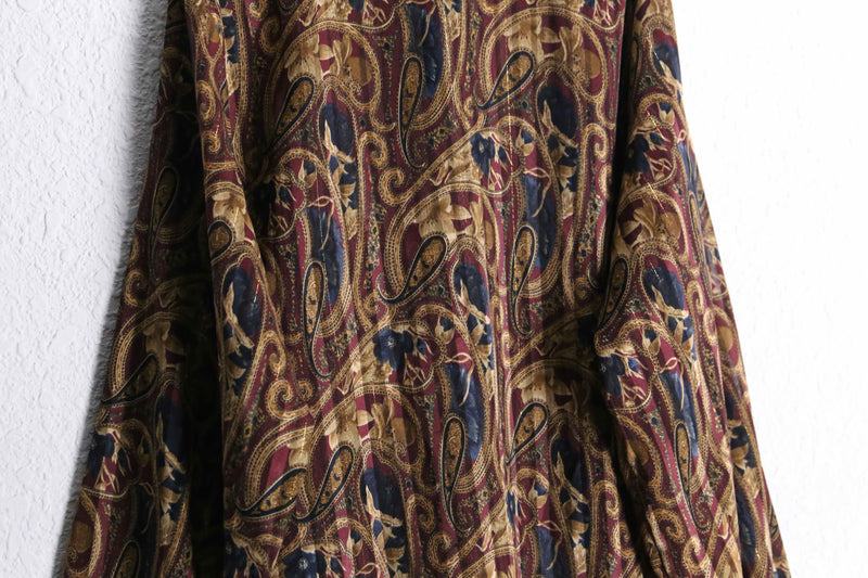 wine red base paisley pattern shiny stripe band collar sheer shirt