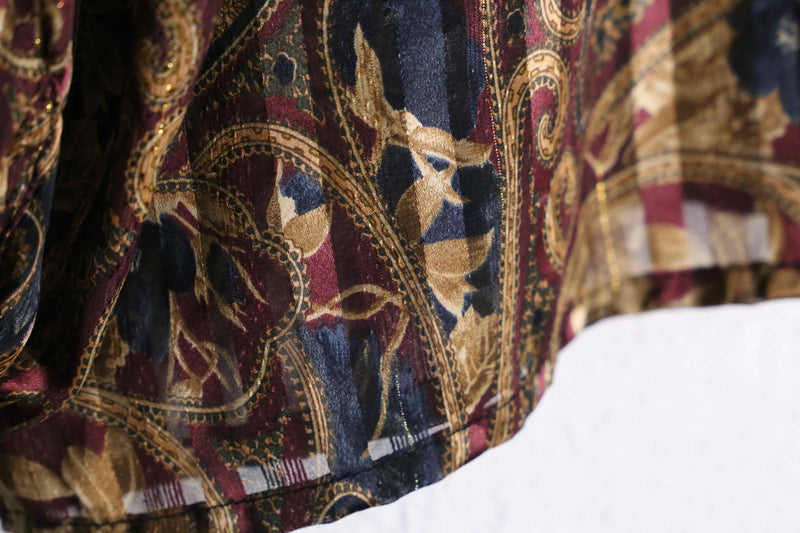 wine red base paisley pattern shiny stripe band collar sheer shirt