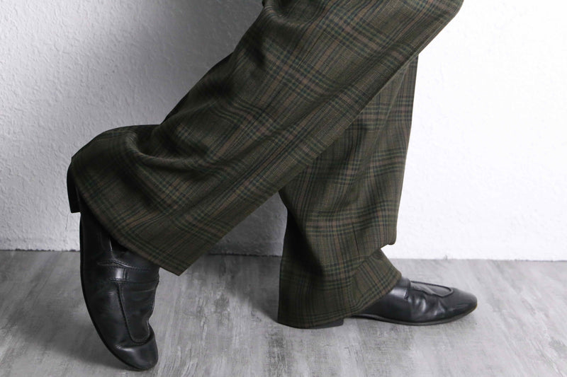 brown base tartan check wide tapered trousers