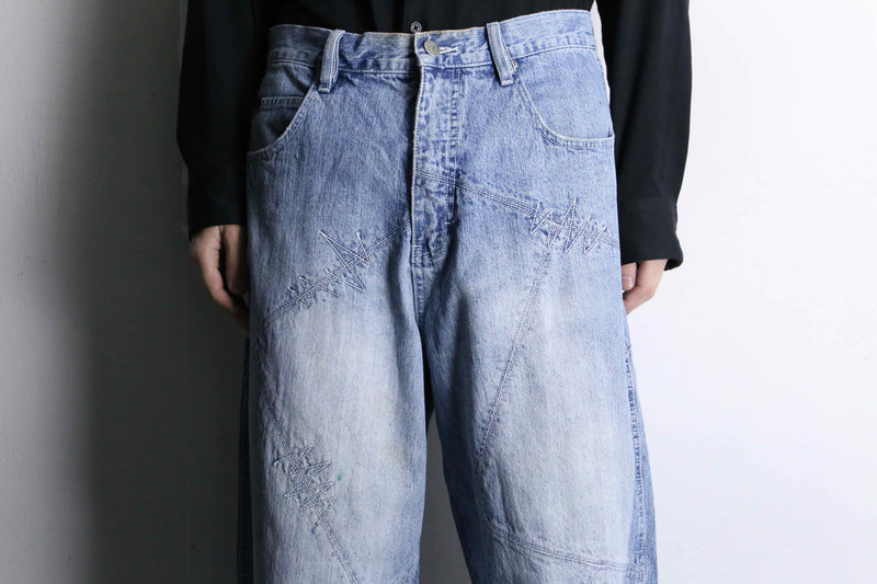 blue zigzag stitch baggy denim