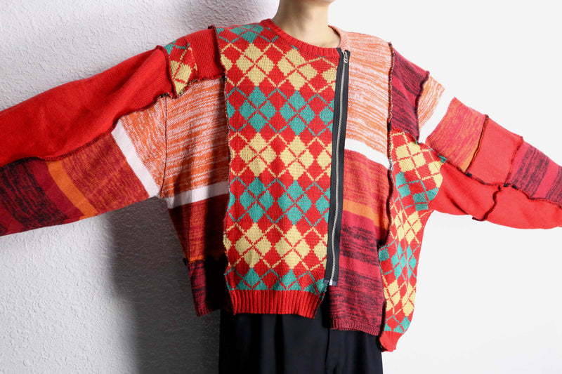 "Re:make" double zip rider's design knit jacket