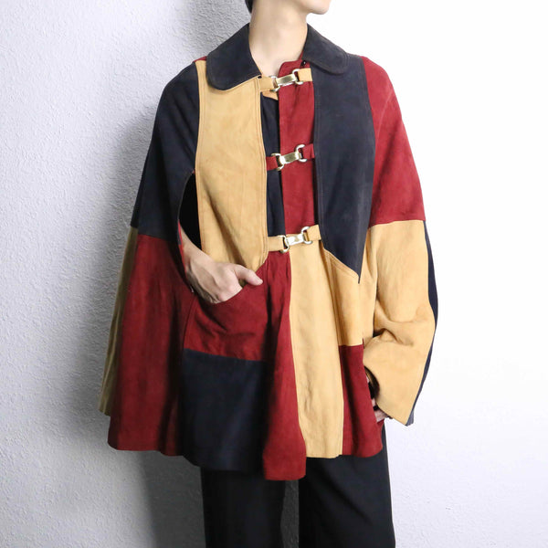 suede leather patchwork poncho