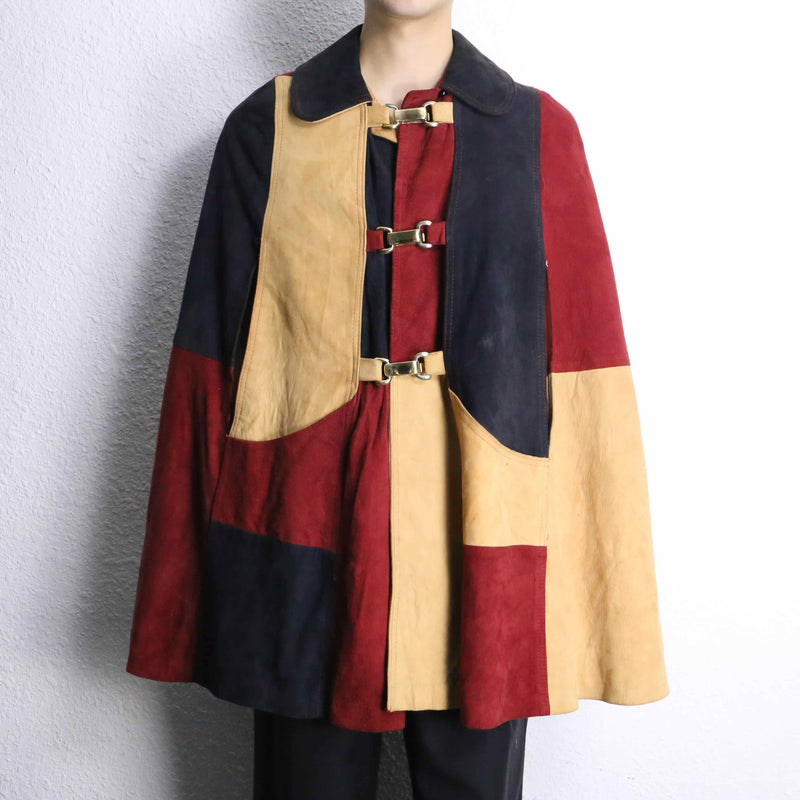 suede leather patchwork poncho