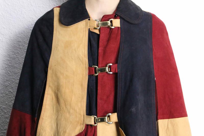 suede leather patchwork poncho