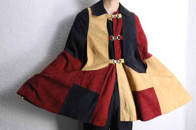 suede leather patchwork poncho