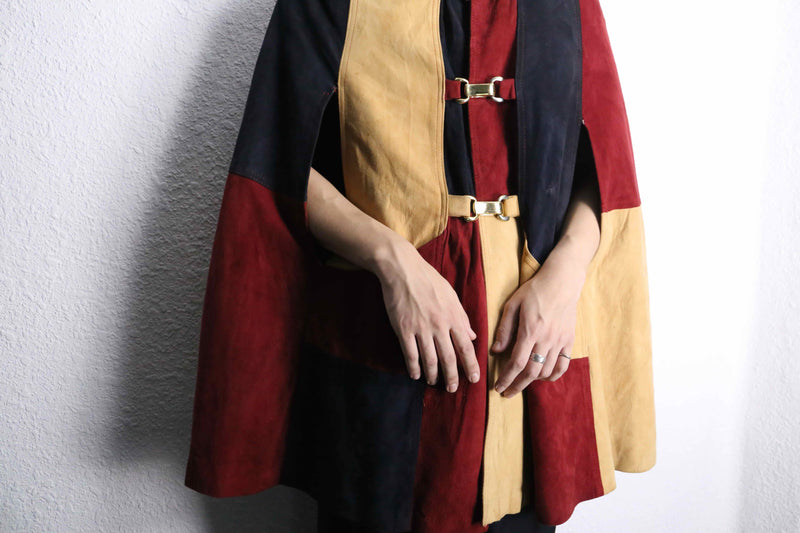 suede leather patchwork poncho