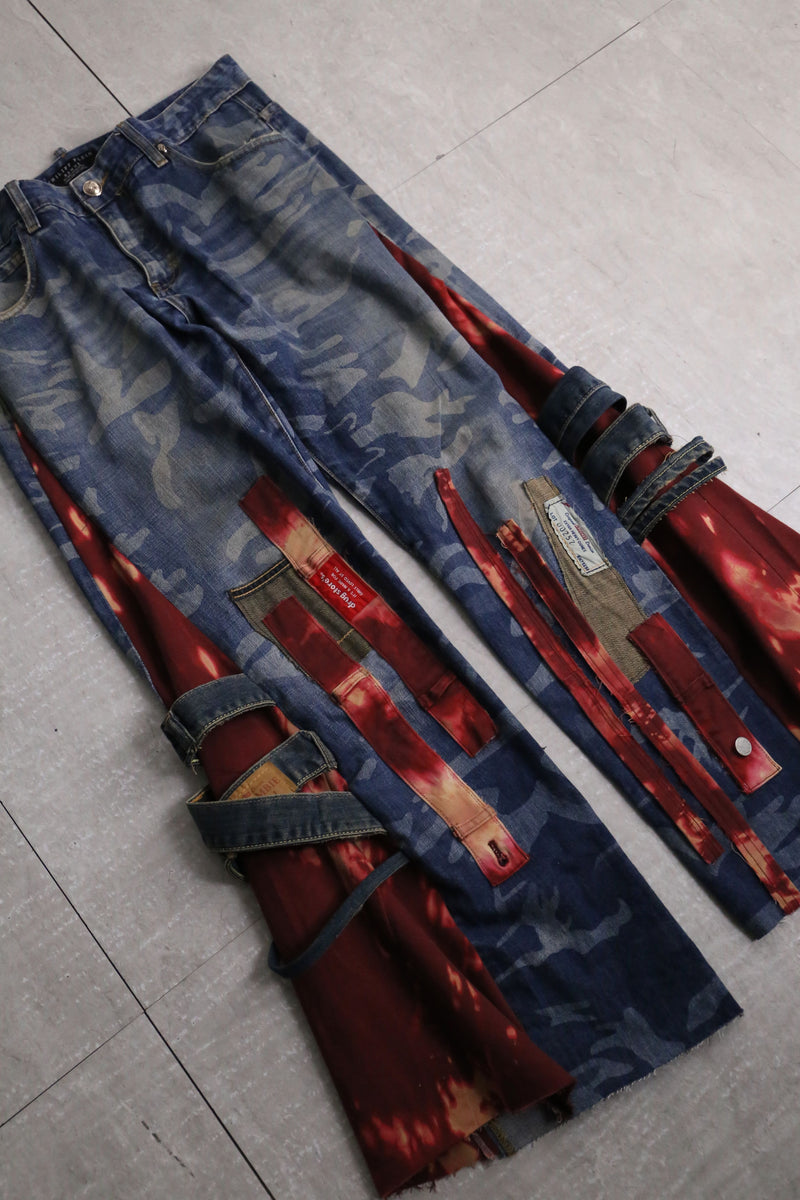 remake "再構築" red color docking flare denim pants