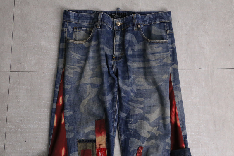 remake "再構築" red color docking flare denim pants