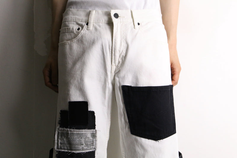 remake "再構築" black×white color patchwork design flare denim pants