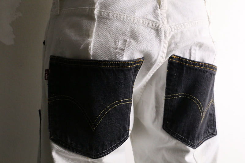 remake "再構築" black×white color patchwork design flare denim pants