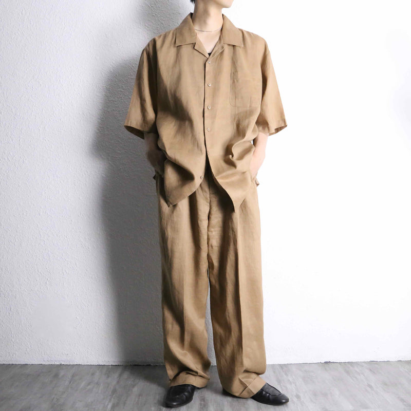 light brown open collar S/S shirt  linen set up