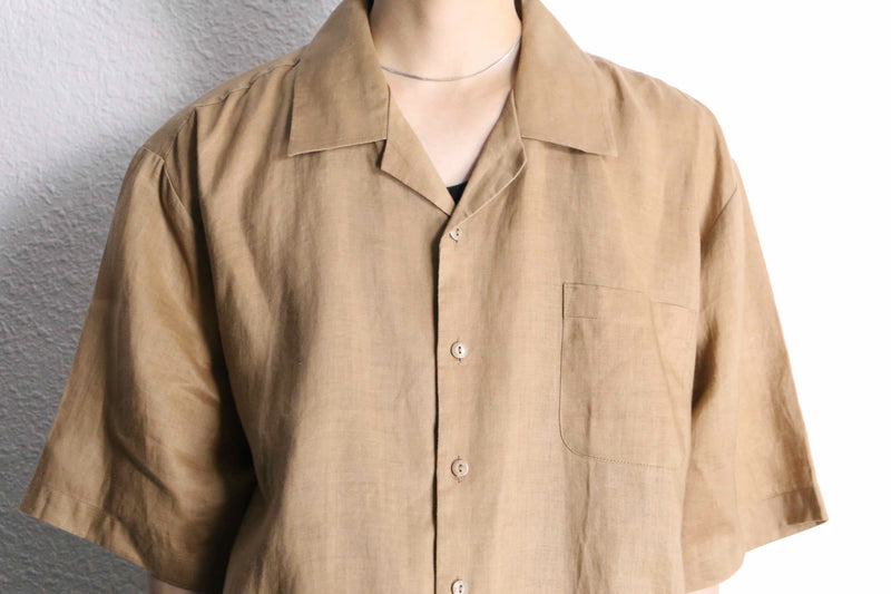 light brown open collar S/S shirt  linen set up