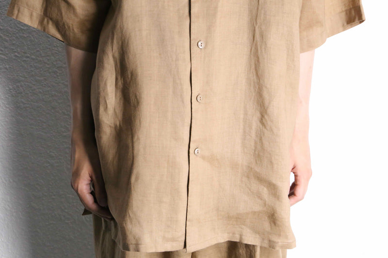 light brown open collar S/S shirt  linen set up