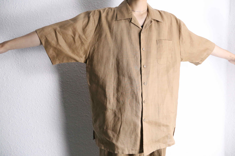 light brown open collar S/S shirt  linen set up