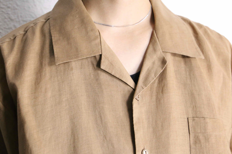 light brown open collar S/S shirt  linen set up