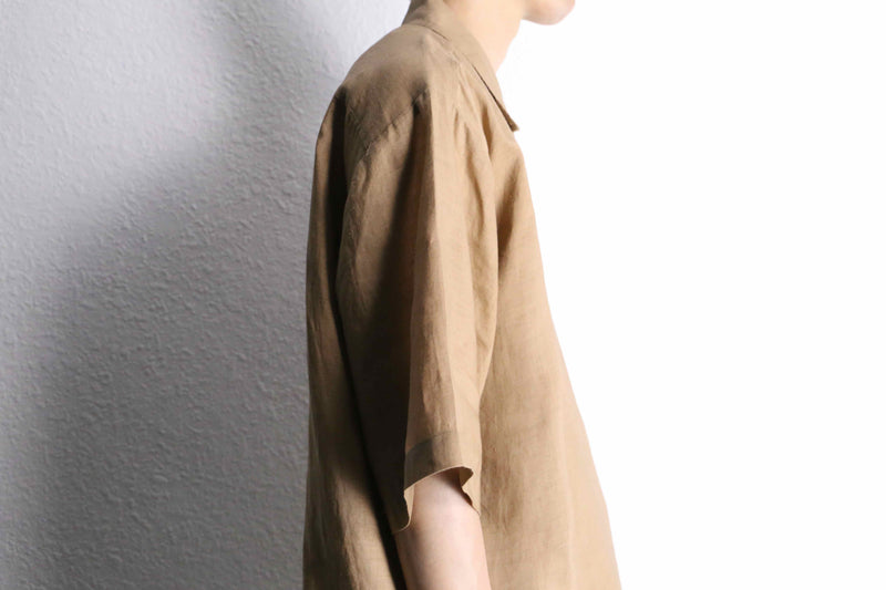 light brown open collar S/S shirt  linen set up