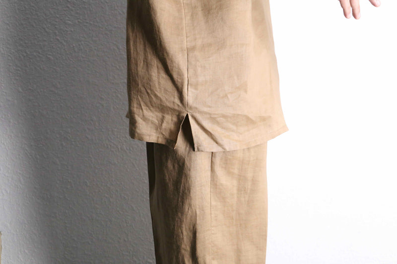light brown open collar S/S shirt  linen set up