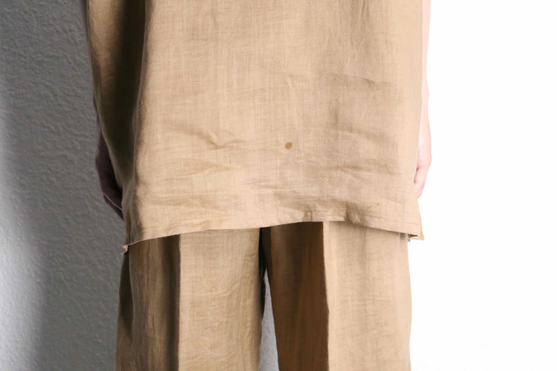 light brown open collar S/S shirt  linen set up