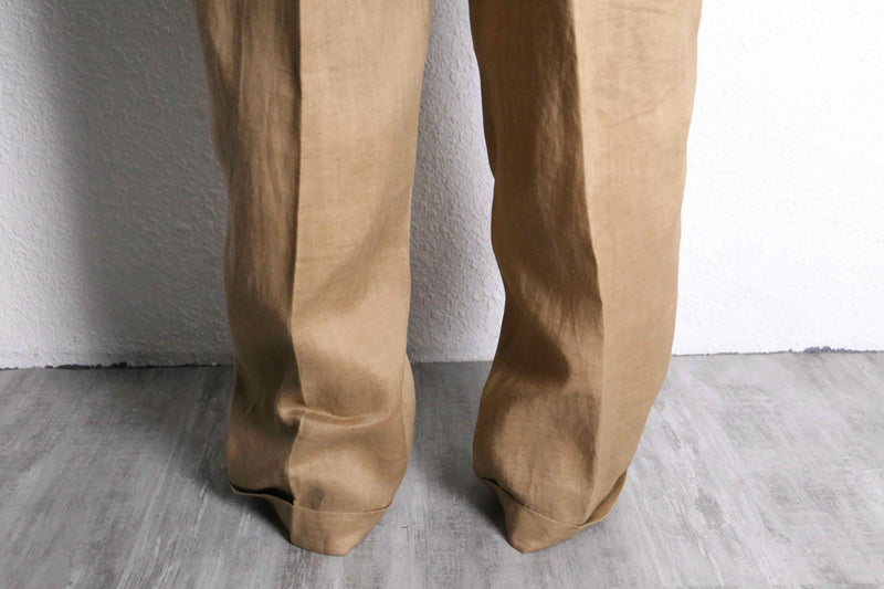 light brown open collar S/S shirt  linen set up