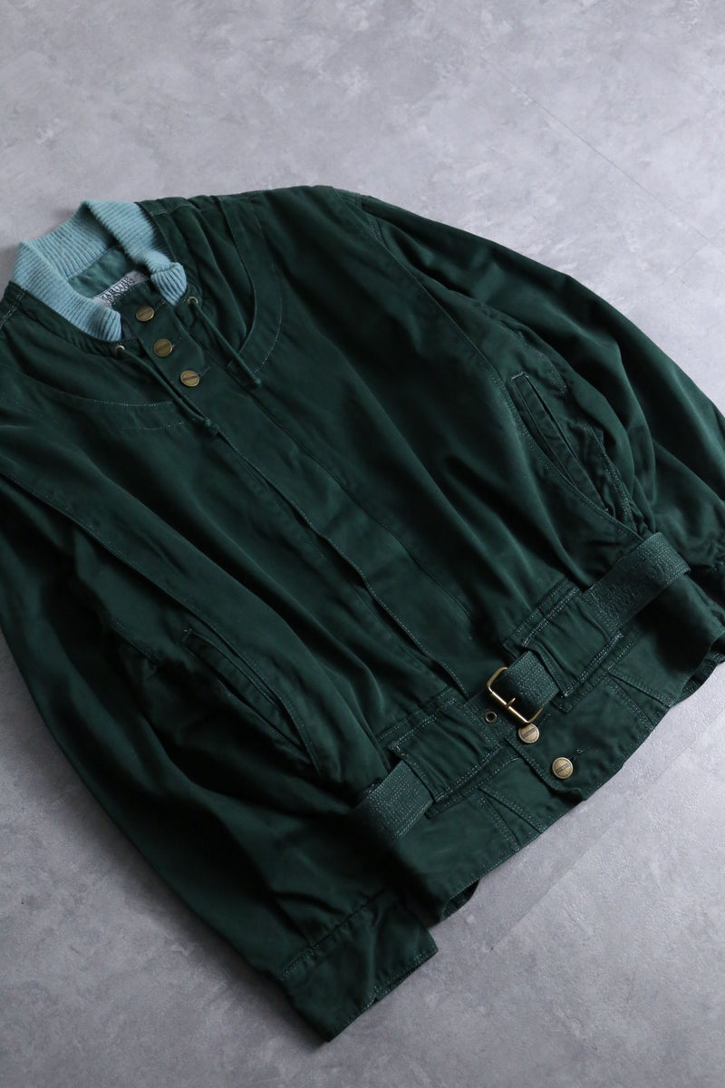 "80-90's MARITHE + FRANCOIS GIRBAUD" green color neck knit design belted zip blouson