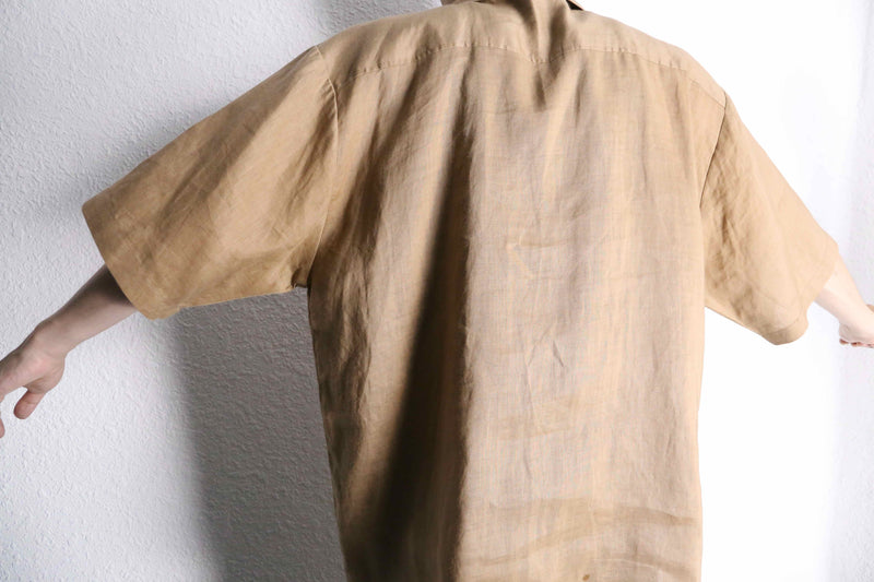 light brown open collar S/S shirt  linen set up