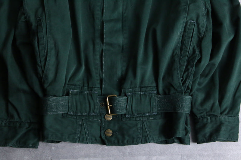 "80-90's MARITHE + FRANCOIS GIRBAUD" green color neck knit design belted zip blouson