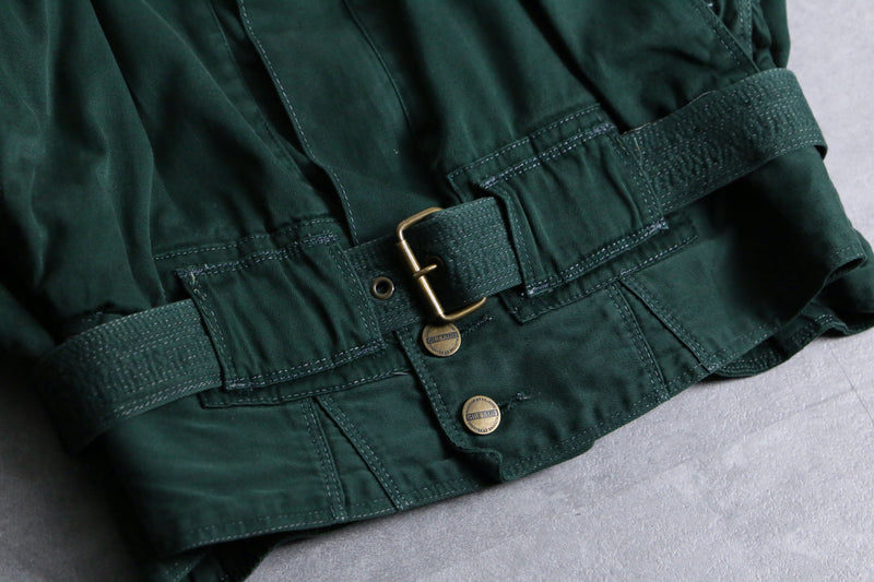 "80-90's MARITHE + FRANCOIS GIRBAUD" green color neck knit design belted zip blouson