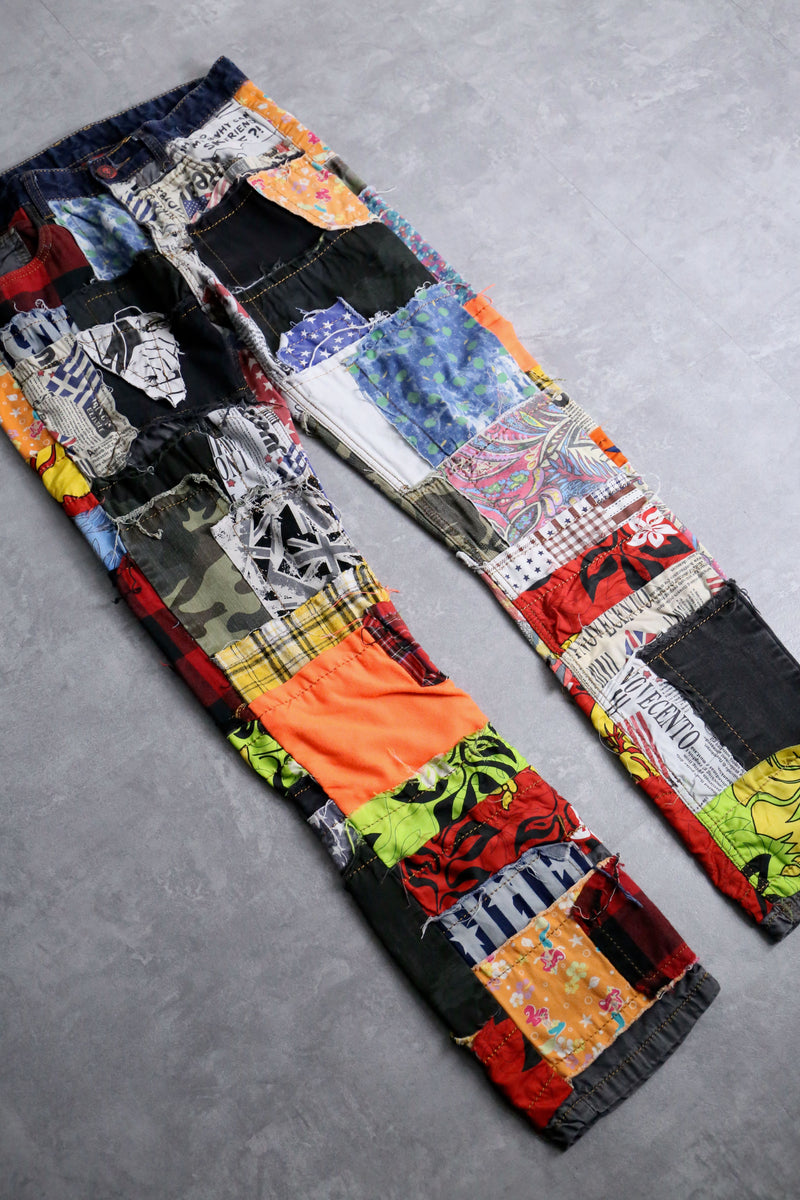 many patchwork design straight denim pants