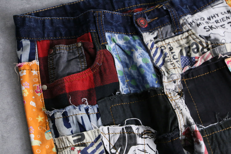 many patchwork design straight denim pants