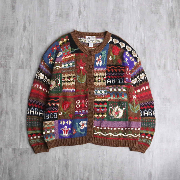 multicolored many motif design knit cardigan