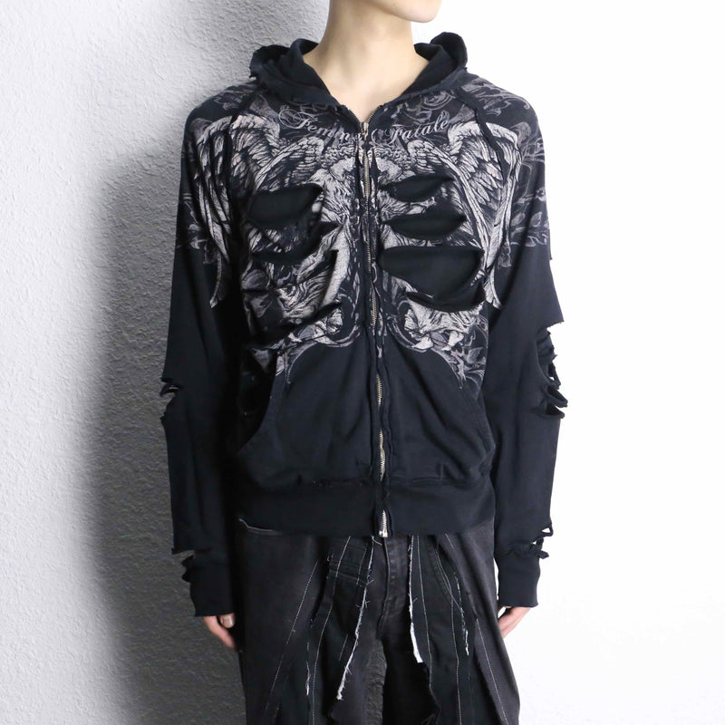 black grunge damage zip hoodie