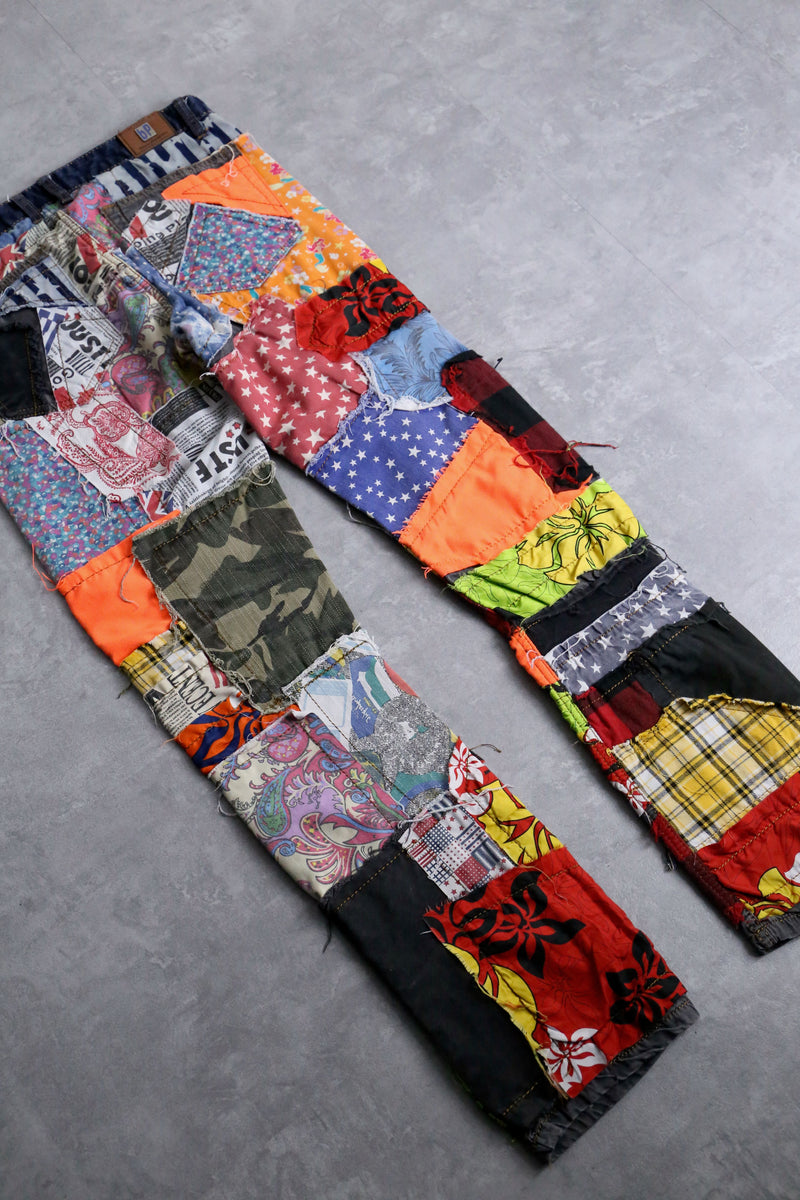 many patchwork design straight denim pants