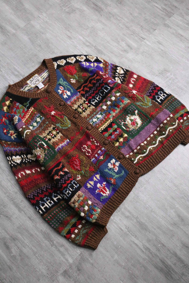 multicolored many motif design knit cardigan