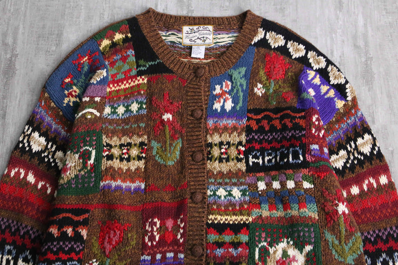 multicolored many motif design knit cardigan