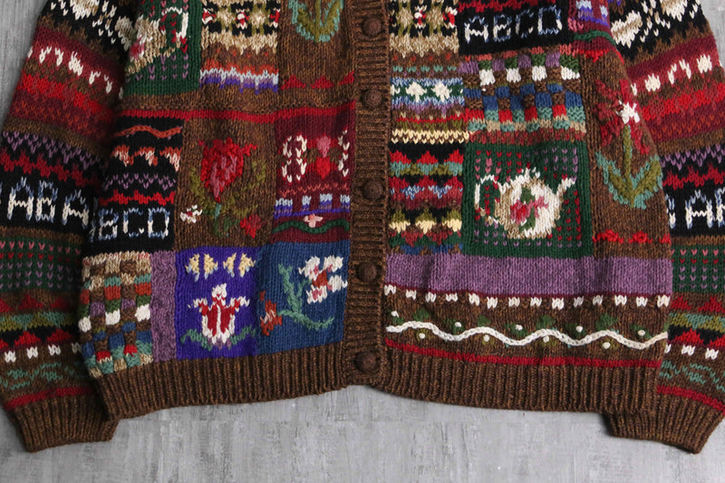 multicolored many motif design knit cardigan
