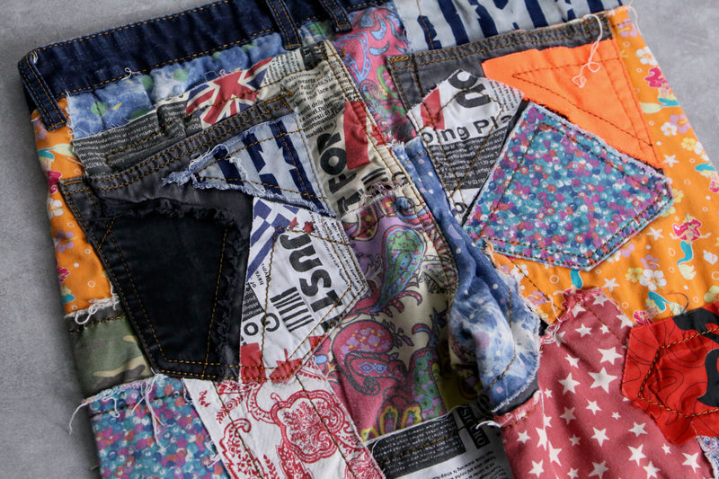 many patchwork design straight denim pants