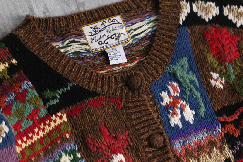multicolored many motif design knit cardigan